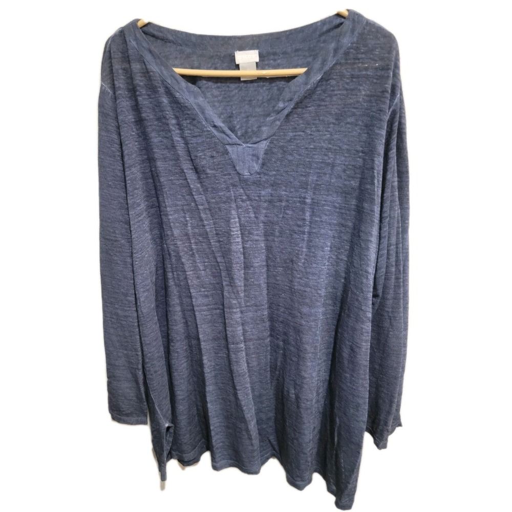 Chico's 4 XXL 100% Linen Slub Knit Top V-Neck Blue Long Sleeve Side Slit Tee